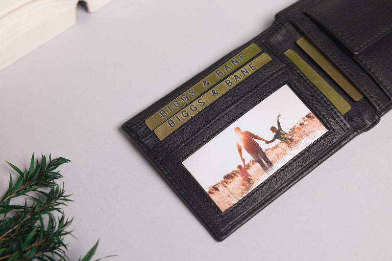 Personalised Engraved Black Bifold Leather Wallet With Coin Pocket