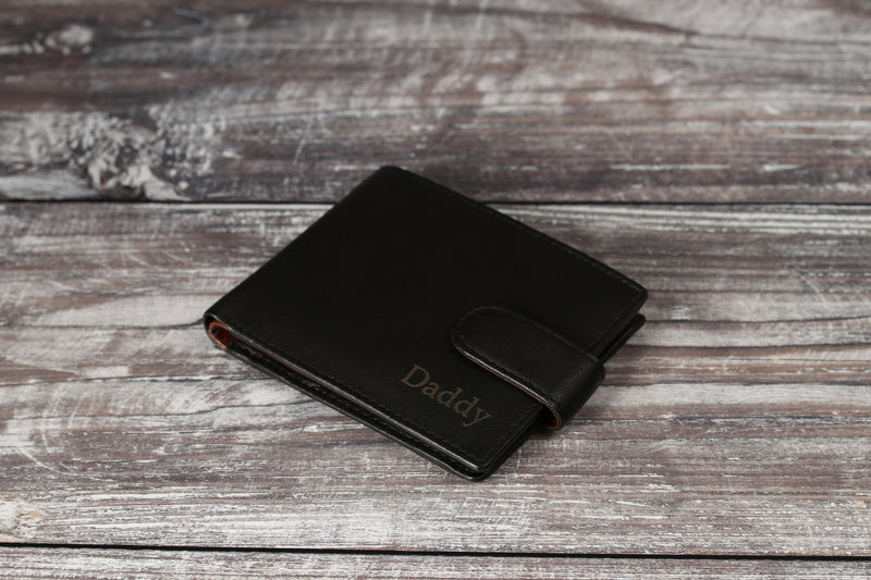 Personalised Engraved Black & Brown Bifold Leather Wallet With Coin Pocket