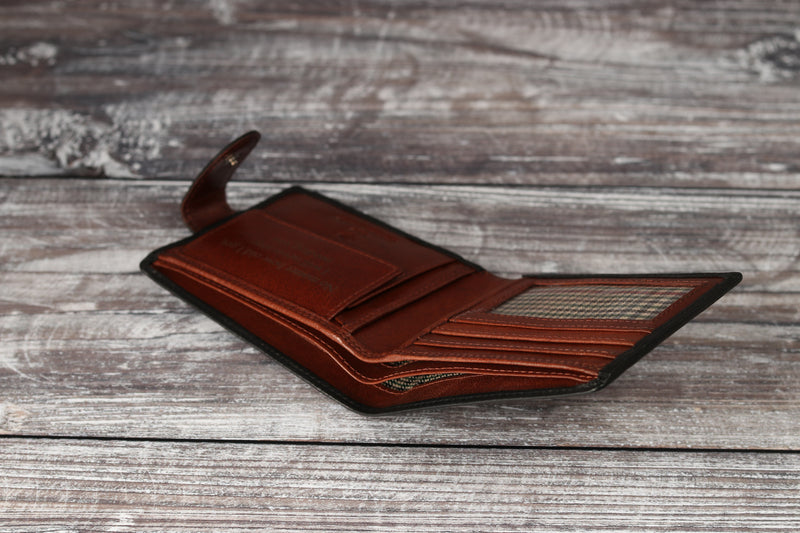 Personalised Engraved Black & Brown Bifold Leather Wallet With Coin Pocket