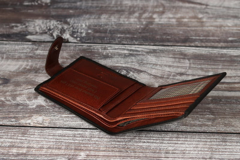 Personalised Engraved Black & Brown Bifold Leather Wallet With Coin Pocket