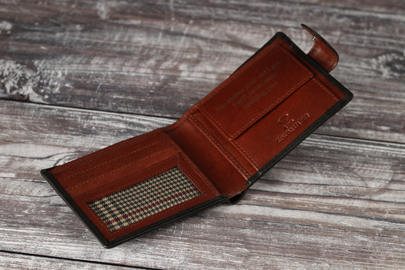 Personalised Engraved Black & Brown Bifold Leather Wallet With Coin Pocket