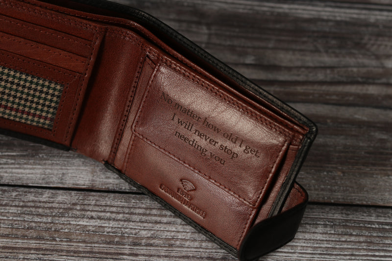 Personalised Engraved Black & Brown Bifold Leather Wallet With Coin Pocket