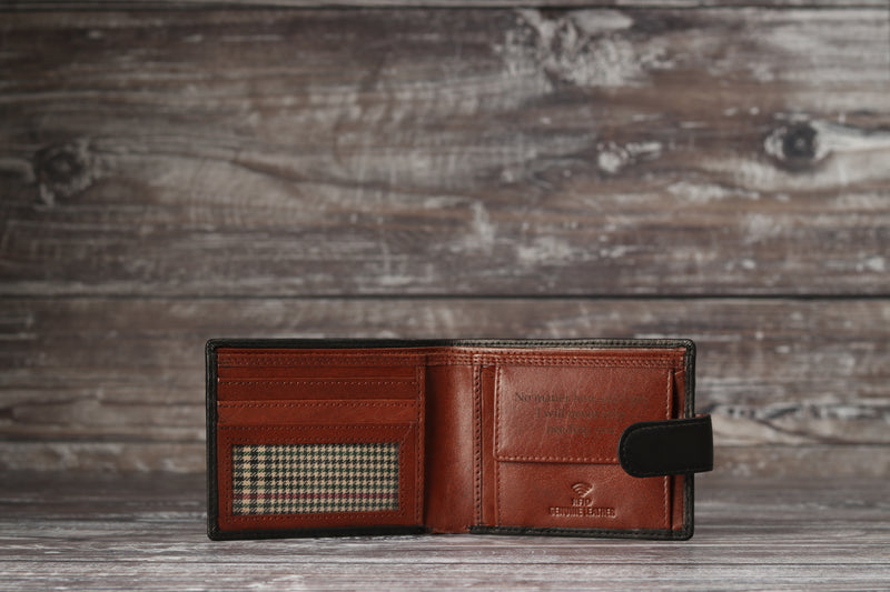 Personalised Engraved Black & Brown Bifold Leather Wallet With Coin Pocket