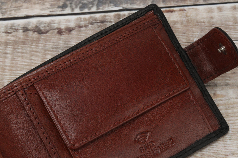 Personalised Engraved Black & Brown Bifold Leather Wallet With Coin Pocket
