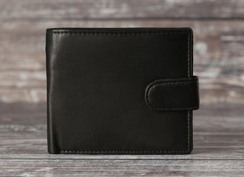 Personalised Engraved Black & Brown Bifold Leather Wallet With Coin Pocket