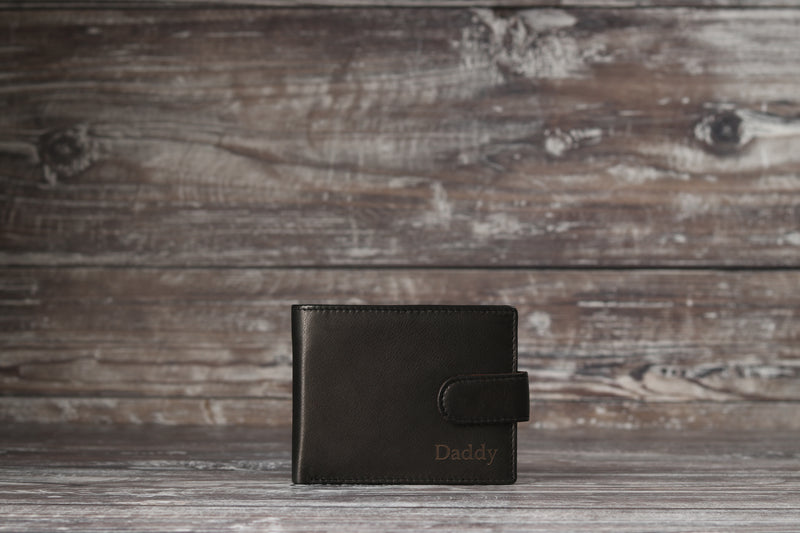 Personalised Engraved Black & Brown Bifold Leather Wallet With Coin Pocket