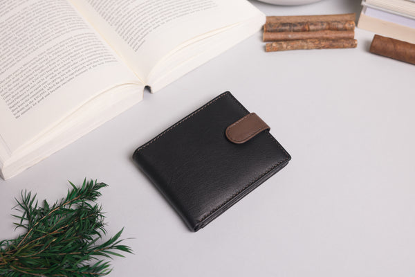 Personalised Engraved Black & Dark Brown Bifold Leather Wallet With Coin Pocket