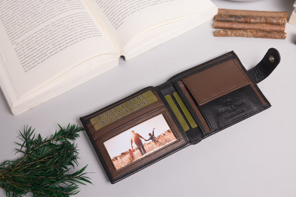 Personalised Engraved Black & Dark Brown Bifold Leather Wallet With Coin Pocket