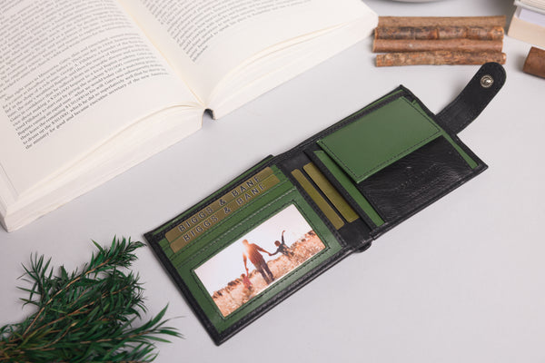 Personalised Engraved Black & Green Bifold Leather Wallet With Coin Pocket