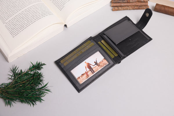 Personalised Engraved Black & Grey Bifold Leather Wallet With Coin Pocket