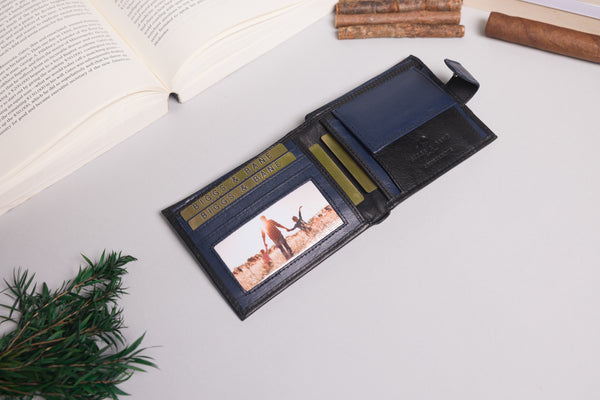 Personalised Engraved Black & Navy Bifold Leather Wallet With Coin Pocket
