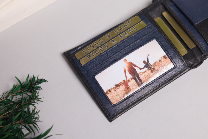 Personalised Engraved Black & Navy Bifold Leather Wallet With Coin Pocket