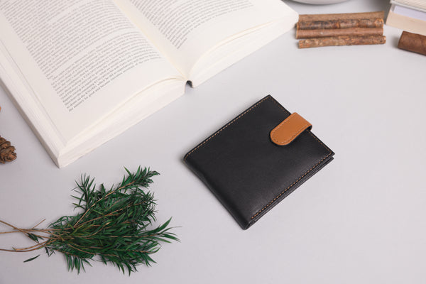 Personalised Engraved Black & Tan Bifold Leather Wallet With Coin Pocket