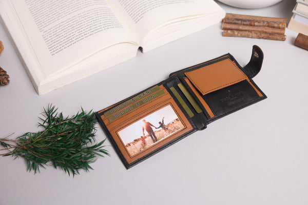 Personalised Engraved Black & Tan Bifold Leather Wallet With Coin Pocket