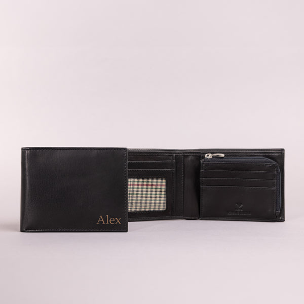 Personalised Engraved Black Bifold Leather Wallet With Zip Coin Pocket
