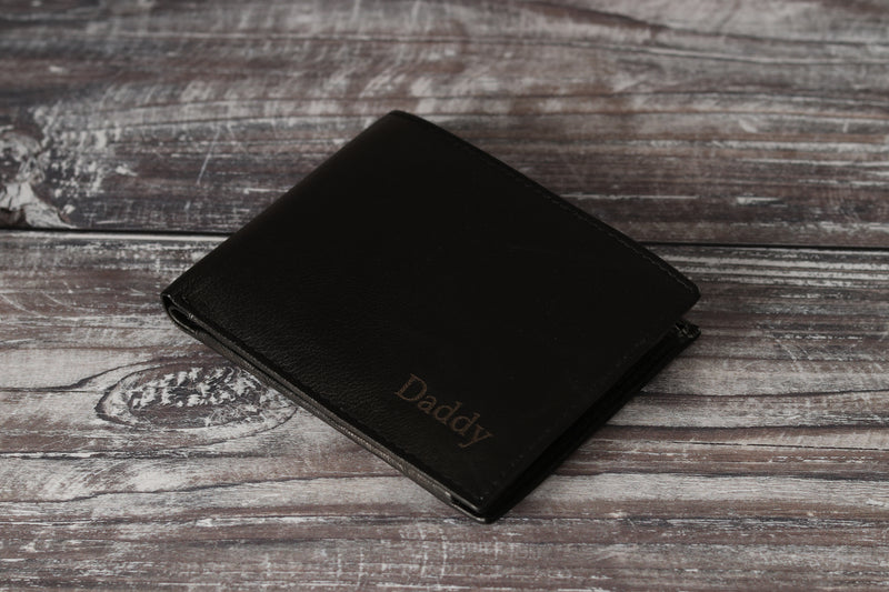 Personalised Engraved Black Bifold Leather Wallet With Zip Coin Pocket