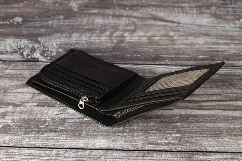 Personalised Engraved Black Bifold Leather Wallet With Zip Coin Pocket