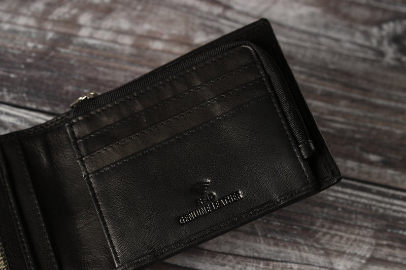 Personalised Engraved Black Bifold Leather Wallet With Zip Coin Pocket