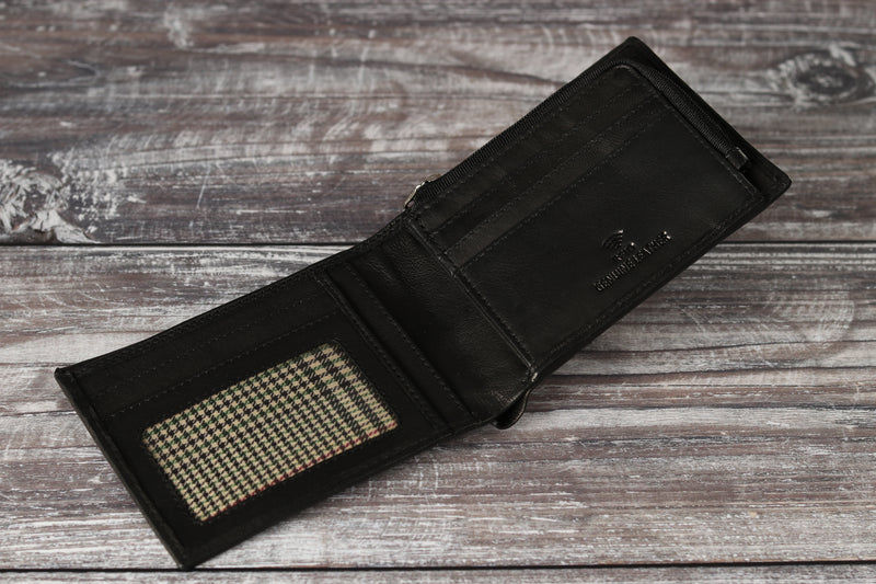 Personalised Engraved Black Bifold Leather Wallet With Zip Coin Pocket