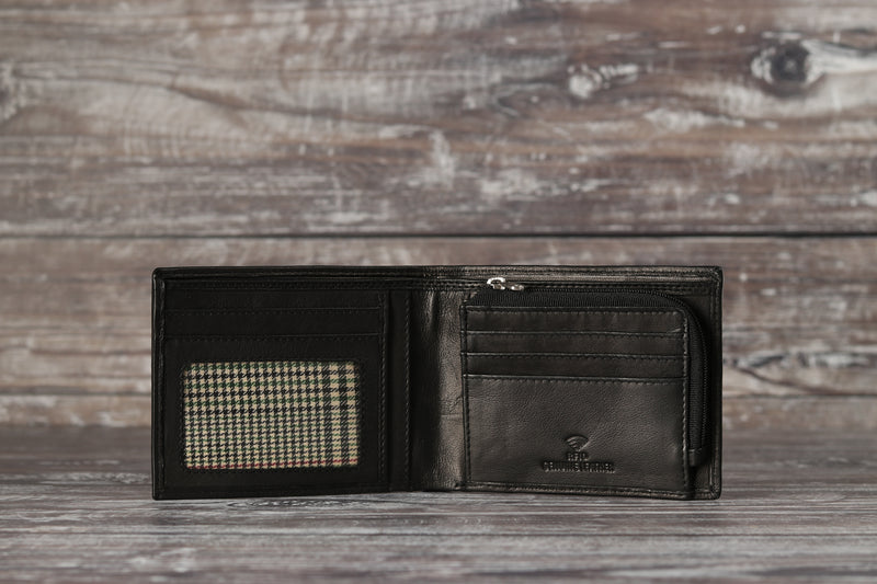 Personalised Engraved Black Bifold Leather Wallet With Zip Coin Pocket