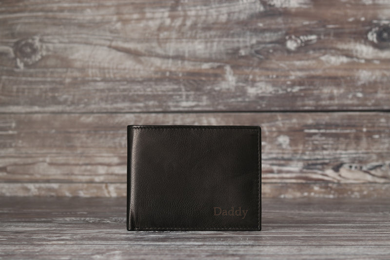 Personalised Engraved Black Bifold Leather Wallet With Zip Coin Pocket