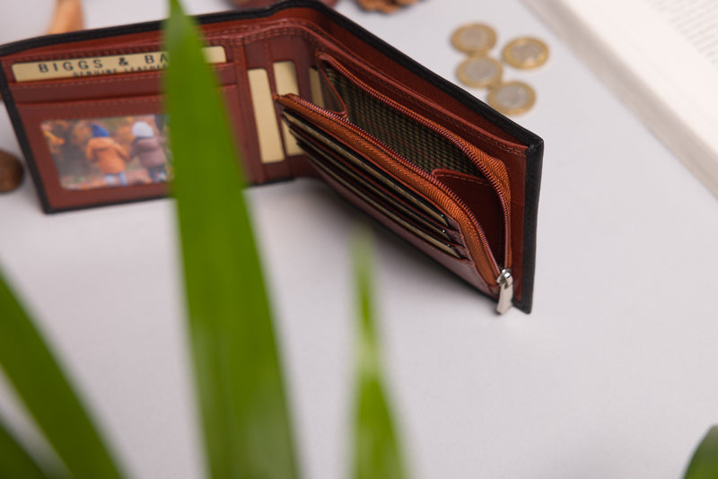 Personalised Engraved Black & Brown Bifold Leather Wallet With Zip Coin Pocket