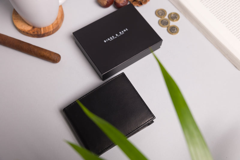 Personalised Engraved Black & Brown Bifold Leather Wallet With Zip Coin Pocket