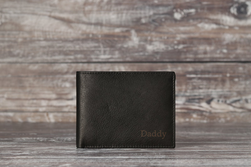 Personalised Engraved Black & Brown Bifold Leather Wallet With Zip Coin Pocket