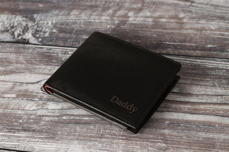 Personalised Engraved Black & Brown Bifold Leather Wallet With Zip Coin Pocket