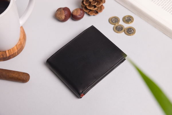 Personalised Engraved Black & Brown Bifold Leather Wallet With Zip Coin Pocket