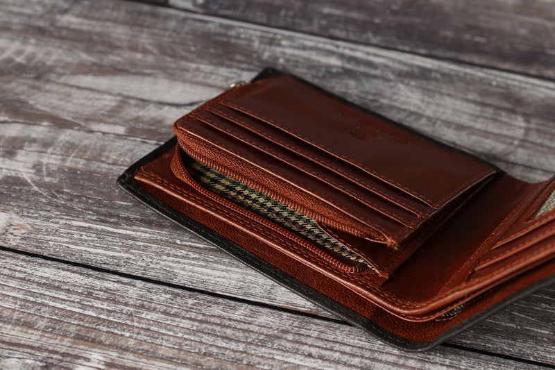 Personalised Engraved Black & Brown Bifold Leather Wallet With Zip Coin Pocket