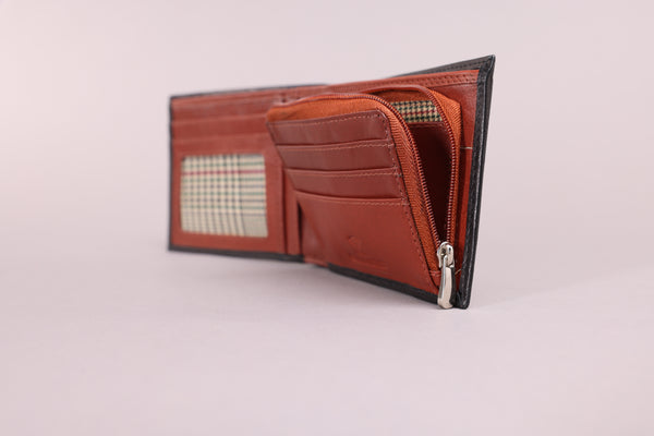 Personalised Engraved Black & Brown Bifold Leather Wallet With Zip Coin Pocket