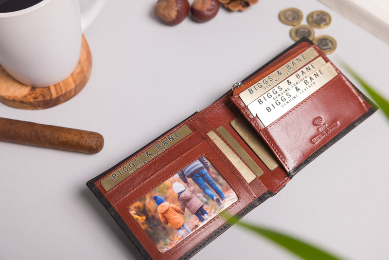 Personalised Engraved Black & Brown Bifold Leather Wallet With Zip Coin Pocket