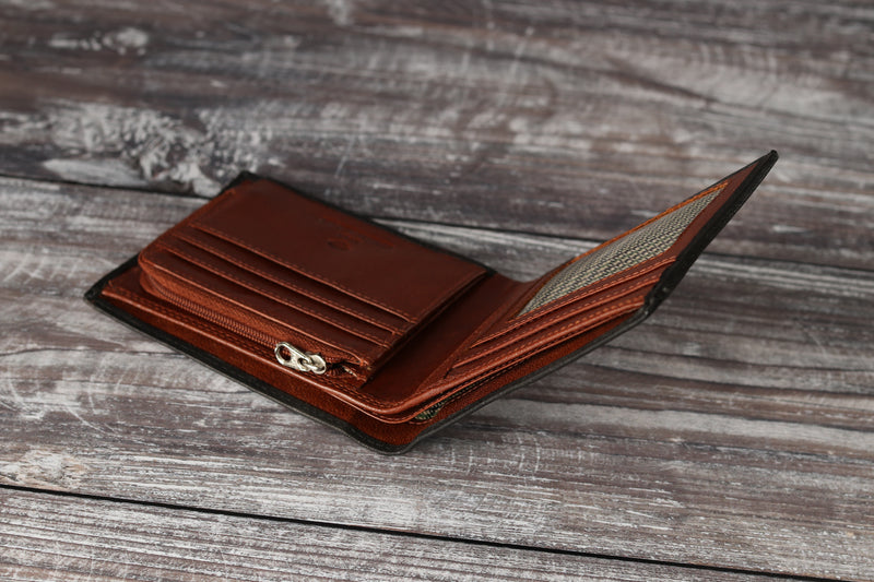 Personalised Engraved Black & Brown Bifold Leather Wallet With Zip Coin Pocket