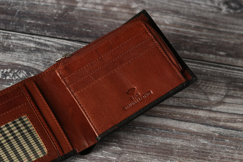 Personalised Engraved Black & Brown Bifold Leather Wallet With Zip Coin Pocket