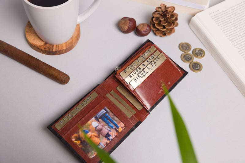 Personalised Engraved Black & Brown Bifold Leather Wallet With Zip Coin Pocket