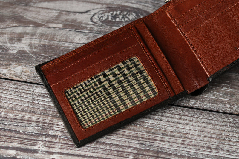 Personalised Engraved Black & Brown Bifold Leather Wallet With Zip Coin Pocket