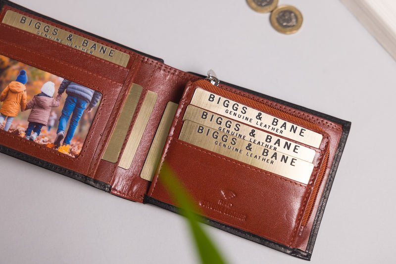 Personalised Engraved Black & Brown Bifold Leather Wallet With Zip Coin Pocket