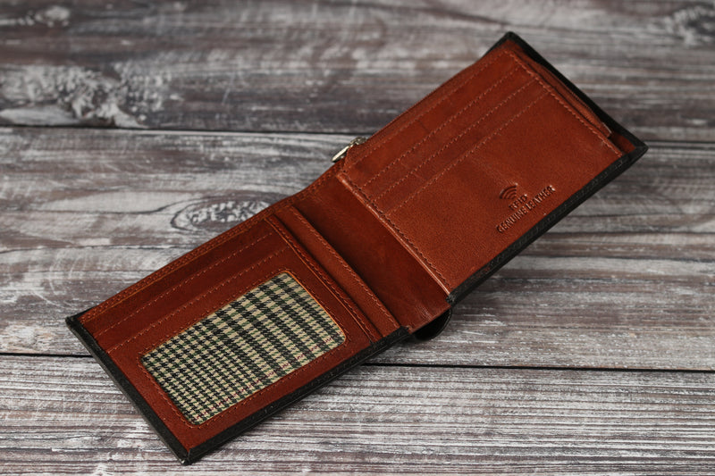 Personalised Engraved Black & Brown Bifold Leather Wallet With Zip Coin Pocket