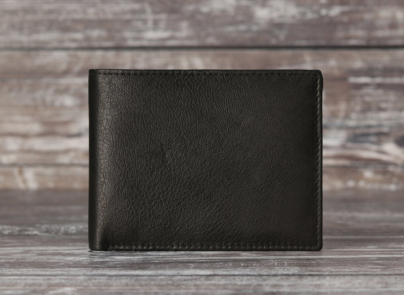 Personalised Engraved Black & Brown Bifold Leather Wallet With Zip Coin Pocket