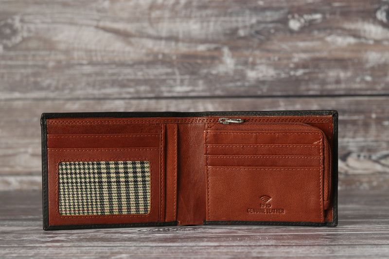 Personalised Engraved Black & Brown Bifold Leather Wallet With Zip Coin Pocket