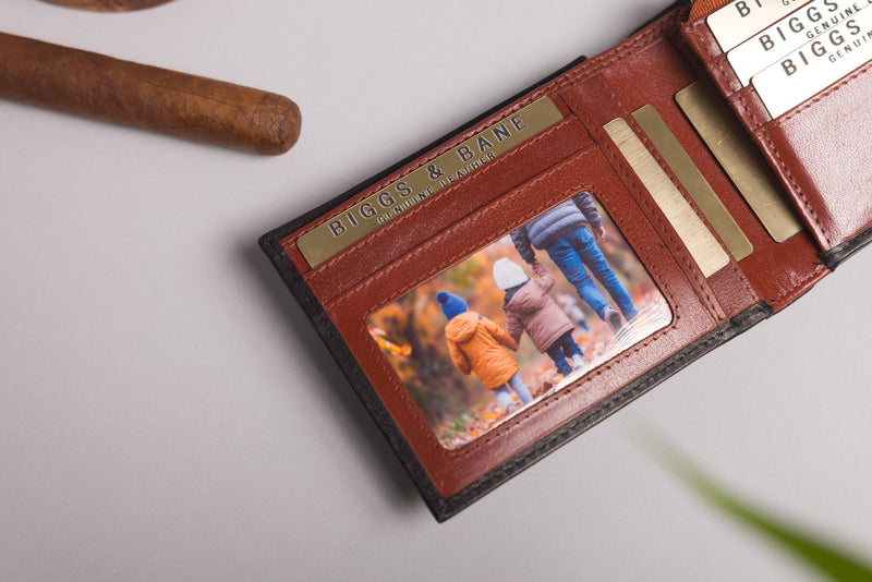 Personalised Engraved Black & Brown Bifold Leather Wallet With Zip Coin Pocket