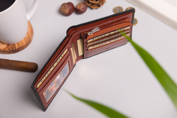 Personalised Engraved Black & Brown Bifold Leather Wallet With Zip Coin Pocket