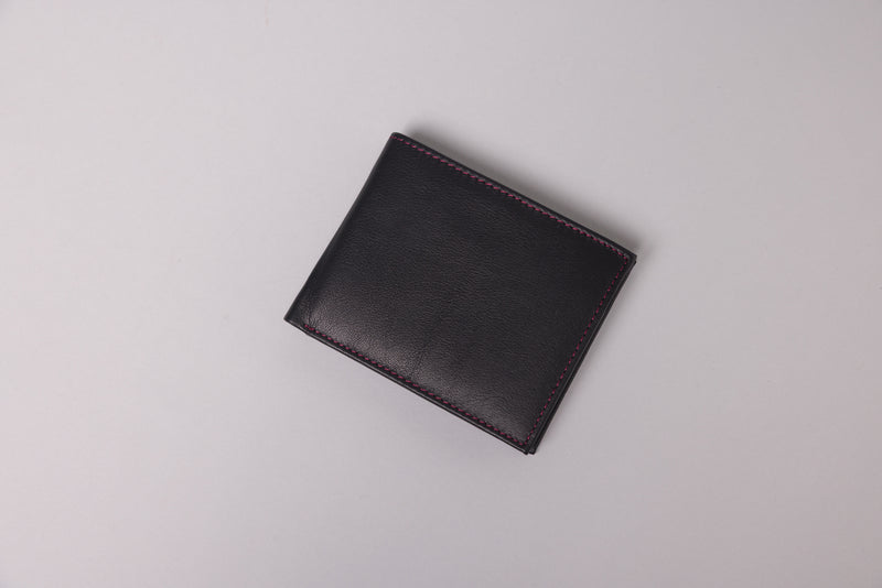 Personalised Engraved Black & Burgundy Bifold Leather Wallet With Zip Coin Pocket