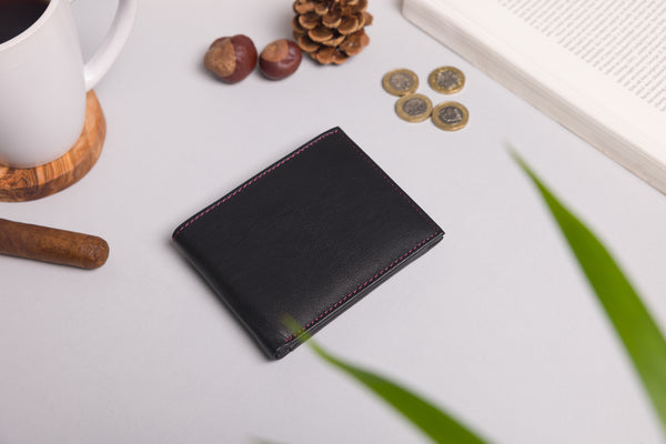 Personalised Engraved Black & Burgundy Bifold Leather Wallet With Zip Coin Pocket