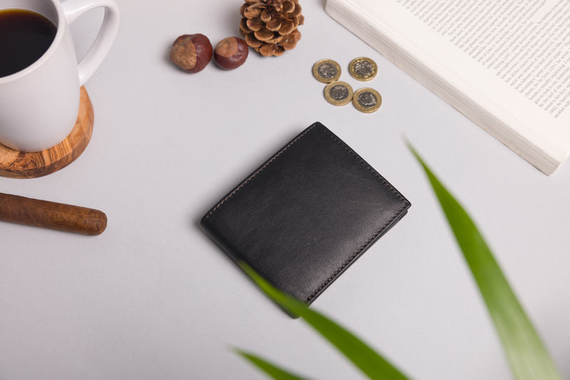 Personalised Engraved Black & Dark Brown Bifold Leather Wallet With Zip Coin Pocket