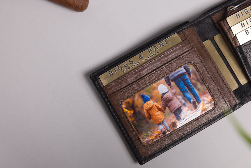Personalised Engraved Black & Dark Brown Bifold Leather Wallet With Zip Coin Pocket