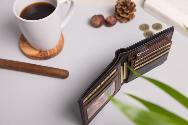 Personalised Engraved Black & Dark Brown Bifold Leather Wallet With Zip Coin Pocket