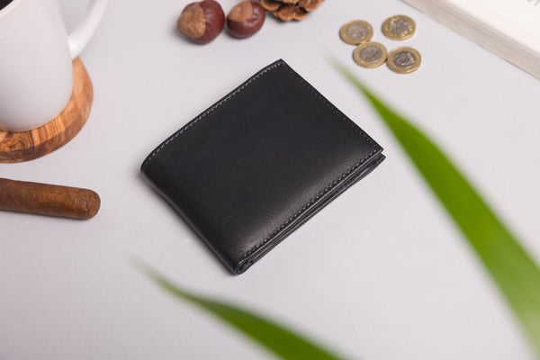 Personalised Engraved Black & Green Bifold Leather Wallet With Zip Coin Pocket