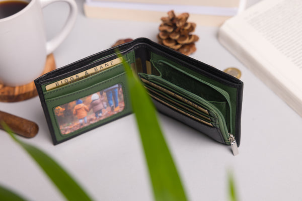 Personalised Engraved Black & Green Bifold Leather Wallet With Zip Coin Pocket
